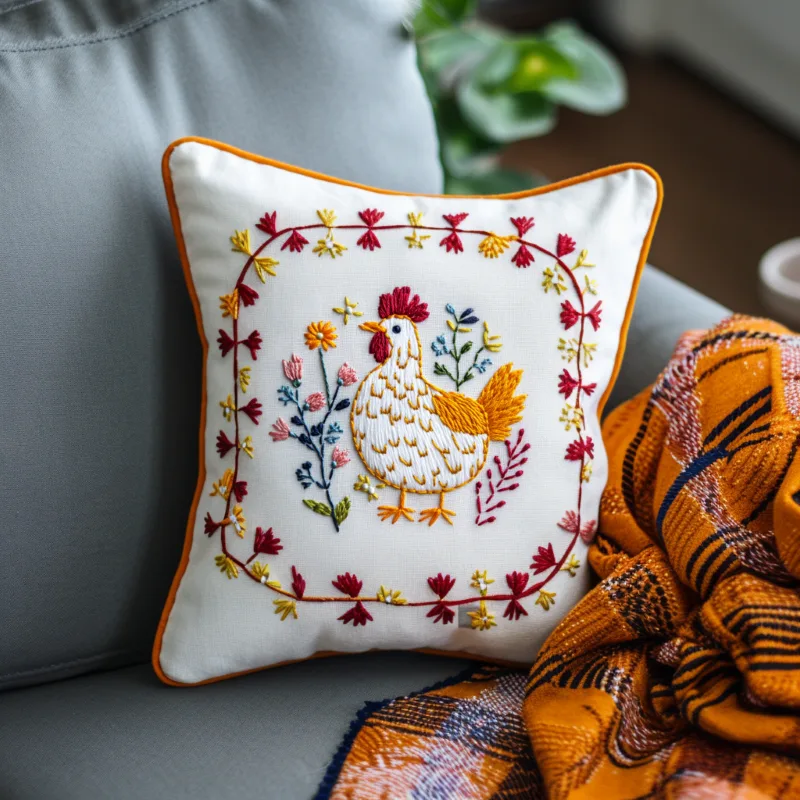 soft white cushion on a gray sofa embroidered with a chicken in a flower field Sunshine Rooster Digital Hand Embroidery Pattern - Image 4