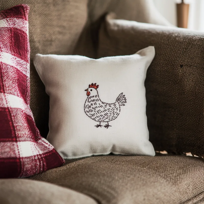 striped cushion and white cushion with a simple chicken embroidery placed on the sofa striped cushion and white cushion with a simple chicken embroidery placed on the sofa