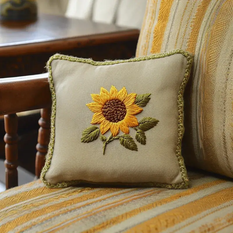 striped sofa with a green cushion featuring a hand-embroidered sunflower Golden Sunshine Sunflower Digital Embroidery Pattern - Image 3