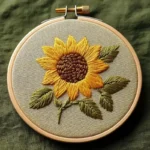 sunflower embroidery artwork framed in a hoop, placed on green fabric