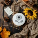 sunflower embroidery piece on a table beside a freshly picked sunflower