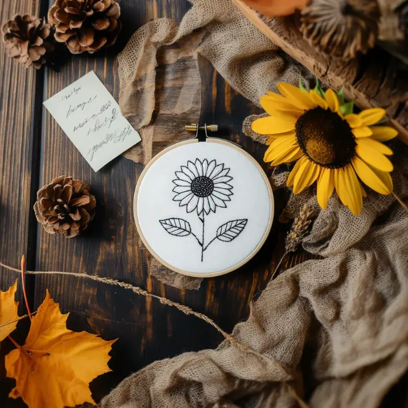 sunflower embroidery piece on a table beside a freshly picked sunflower sunflower embroidery piece on a table beside a freshly picked sunflower