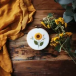 sunflower embroidery piece on a table with yellow fabric and a bouquet of fresh flowers