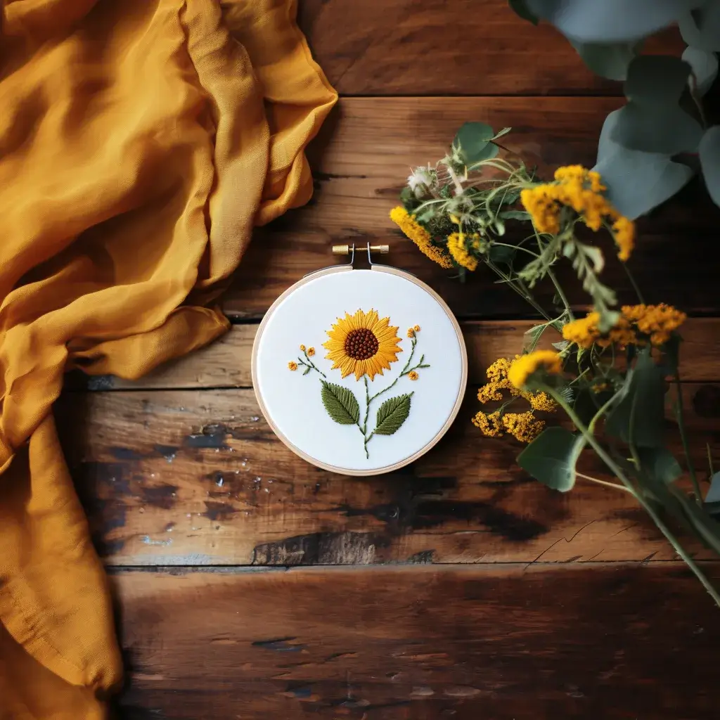 sunflower embroidery piece on a table with yellow fabric and a bouquet of fresh flowers sunflower embroidery piece on a table with yellow fabric and a bouquet of fresh flowers