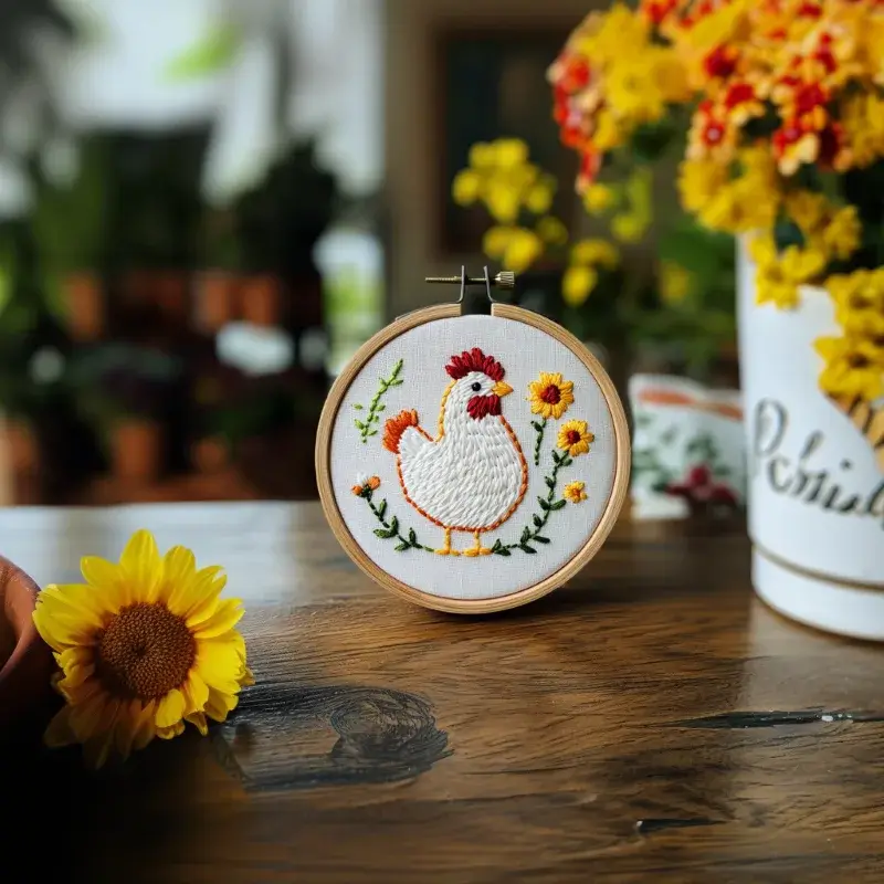 table decorated with fresh daisies and a chicken embroidery piece as the centerpiece Peaceful Chick Hand Embroidery Pattern PDF - Image 3