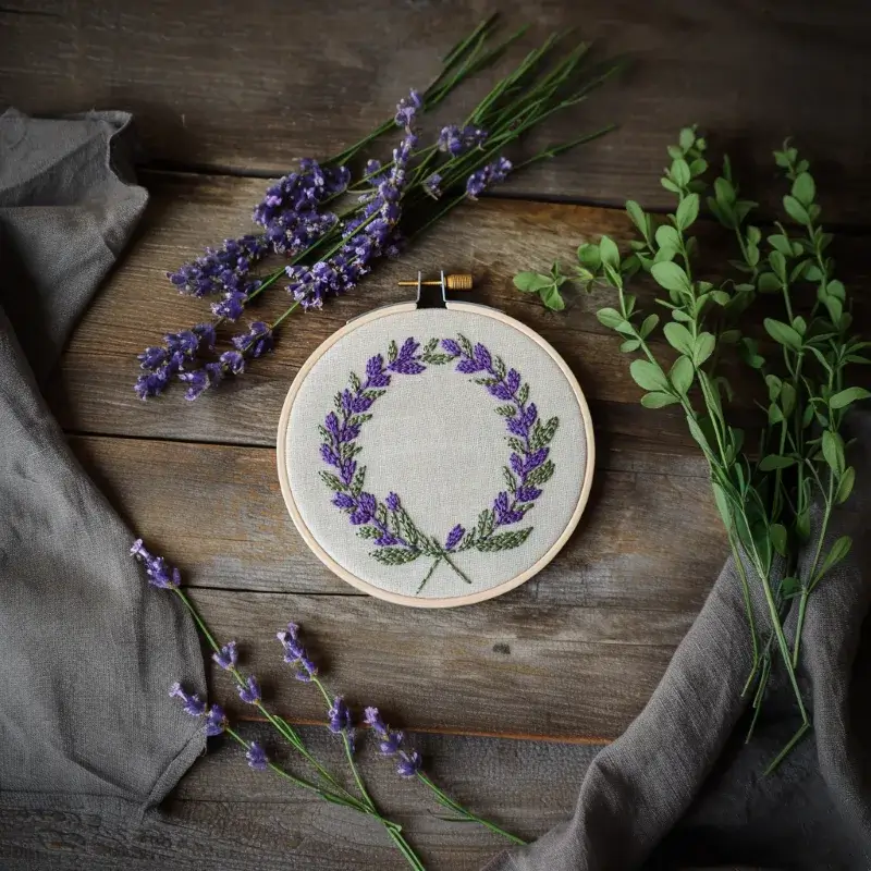 table with a lavender wreath embroidery piece, fresh lavender, and gray fabric Lavender Happiness Wreath Hand Embroidery Pattern - Image 2