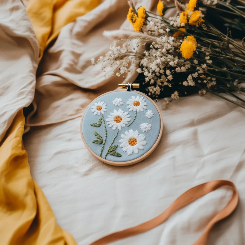 table with pieces of fabric, a daisy hand embroidery artwork, and fresh flowers as decoration Field of Daisies Digital Embroidery Guide for Crafters - Image 2