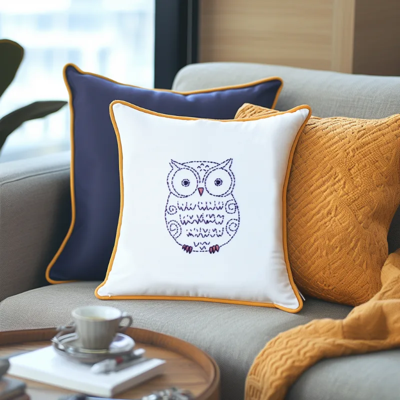 three pillows on a sofa in orange, dark blue, and white three pillows on a sofa in orange, dark blue, and white