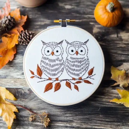 two owls perched on a branch, quietly gazing, hand embroidery artwork display