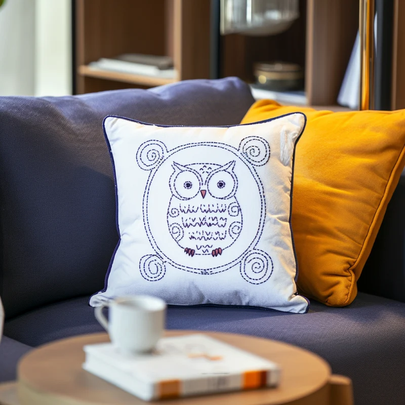 two pillows on a dark blue sofa, one orange and one white embroidered with an owl two pillows on a dark blue sofa, one orange and one white embroidered with an owl