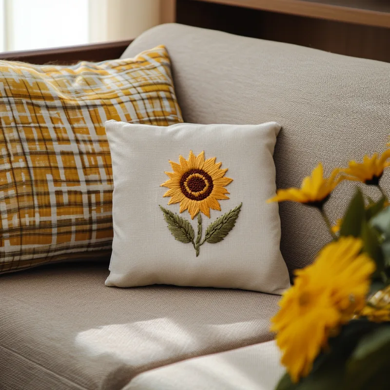 two pillows on a gray sofa with a bouquet of sunflowers nearby DIY Hopeful Sunflower Embroidery Instant Download - Image 3