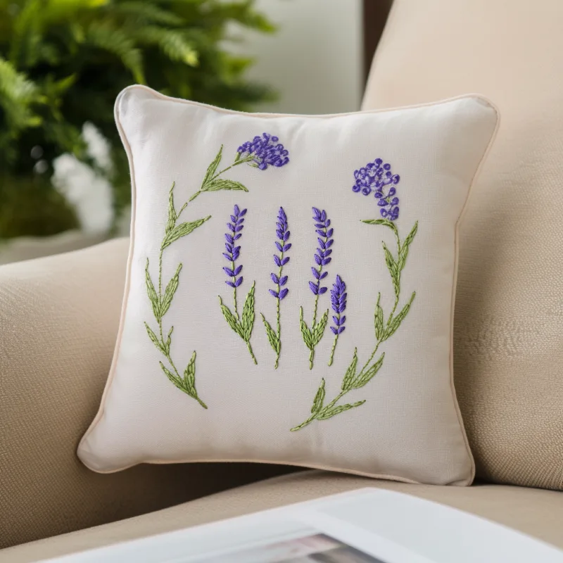 white cushion decorated with multiple lavender embroidery designs white cushion decorated with multiple lavender embroidery designs