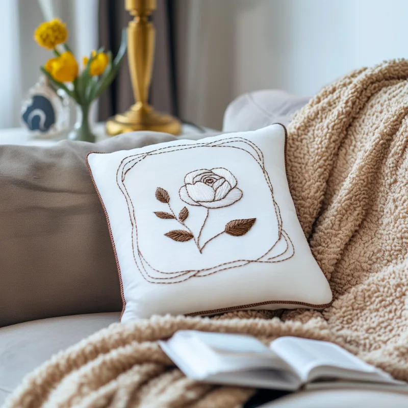 white cushion embroidered with a rose pattern on a sofa, paired with a soft blanket white cushion embroidered with a rose pattern on a sofa, paired with a soft blanket