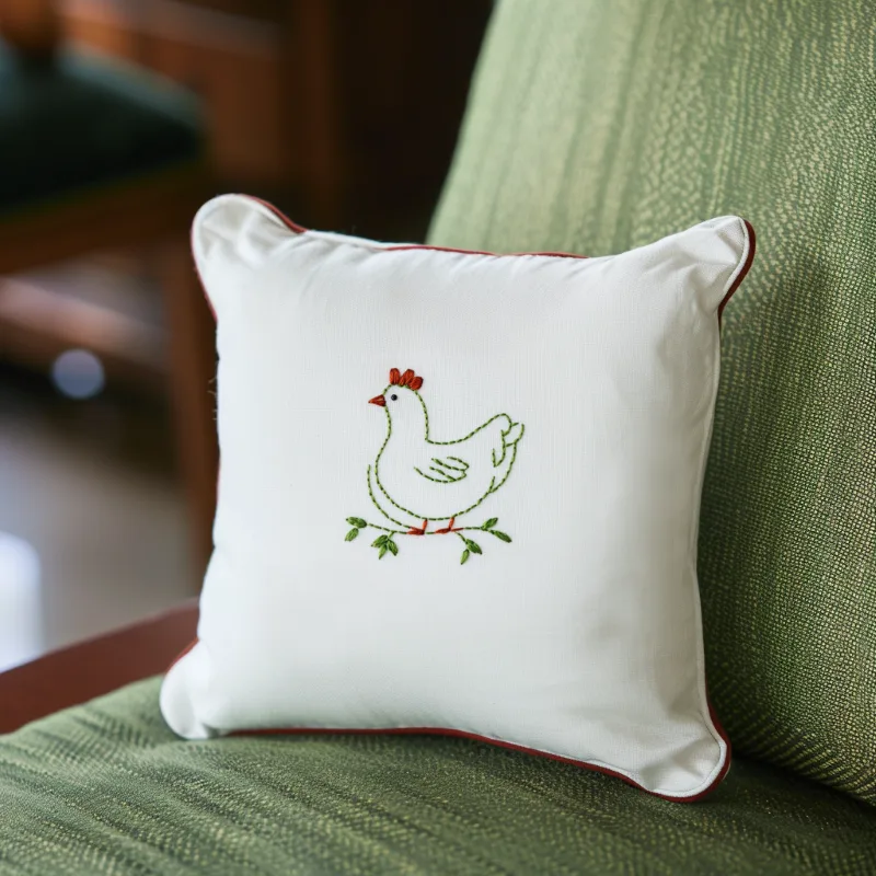 white cushion on a green sofa featuring a freshly hand embroidered design white cushion on a green sofa featuring a freshly hand embroidered design