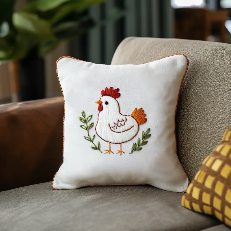 white cushion on sofa with delicate embroidery of a chick and tender green leaves DIY Farmyard Friend Chicken Embroidery Pattern - Image 4
