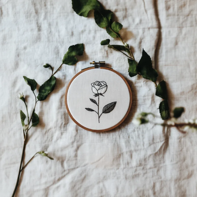 white fabric base with a rose embroidery piece and two branches white fabric base with a rose embroidery piece and two branches
