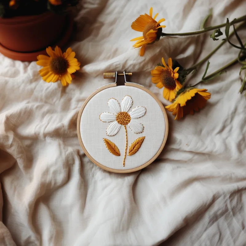 white fabric spread on a table with a daisy embroidery and a bouquet of fresh sunflowers Golden Daisy Hand Embroidery Pattern PDF - Image 2