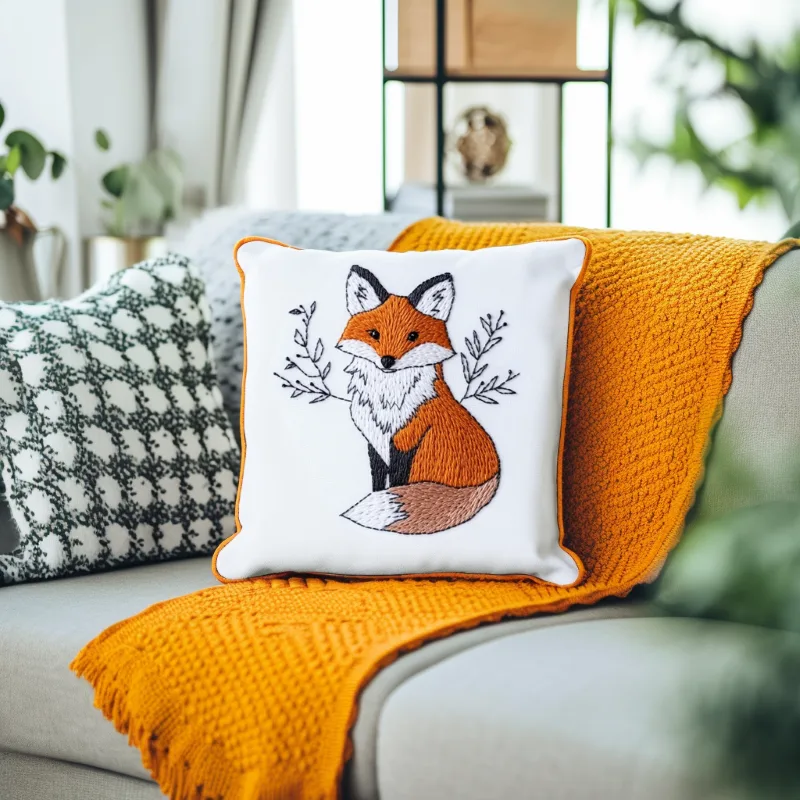 white pillow embroidered with a fox, placed on an orange blanket white pillow embroidered with a fox, placed on an orange blanket