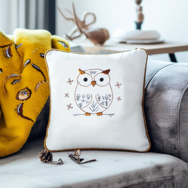 white pillow on a sofa embroidered with a ginger-colored owl perched on a branch white pillow on a sofa embroidered with a ginger-colored owl perched on a branch