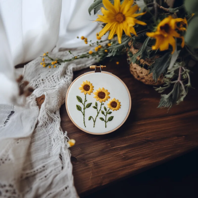 wooden table by the window with a sunflower embroidery piece, a sunflower plant Three Friends Sunflower Hand Embroidery Pattern PDF - Image 2