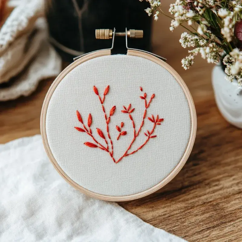 a completed hand-embroidered piece featuring red wildflowers a completed hand-embroidered piece featuring red wildflowers