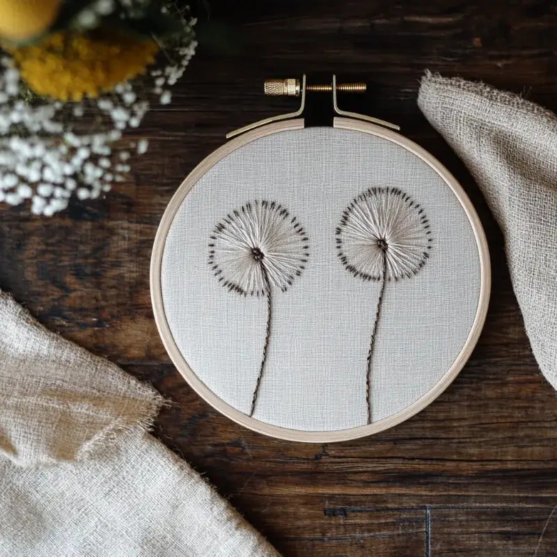 a hand-embroidered dandelion artwork displayed on a table a hand-embroidered dandelion artwork displayed on a table