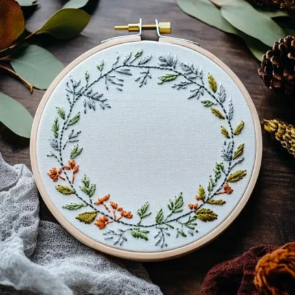 a handmade embroidery piece featuring a colorful floral wreath
