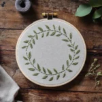 a handmade embroidery piece featuring a green floral wreath