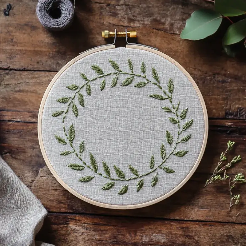 a handmade embroidery piece featuring a green floral wreath a handmade embroidery piece featuring a green floral wreath