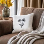 a white pillow embroidered with wildflowers placed on a warm brown sofa