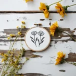 an embroidery piece placed on the floor, accompanied by fresh flowers