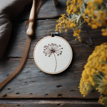 dandelion embroidery centered on the table with small yellow flowers beside it