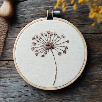 dandelion embroidery displayed in a hoop on a table