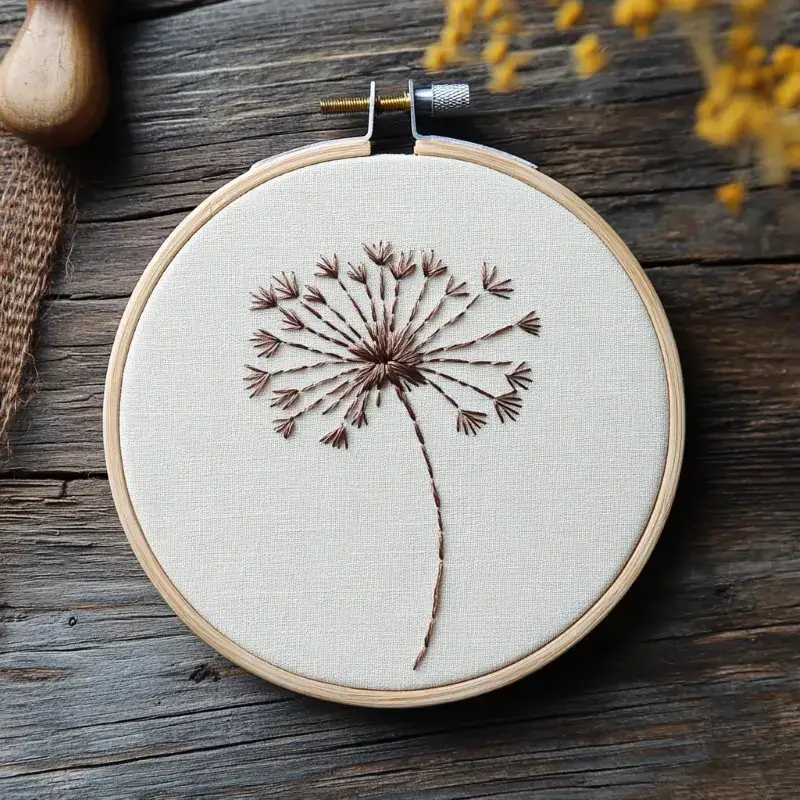 dandelion embroidery displayed in a hoop on a table dandelion embroidery displayed in a hoop on a table