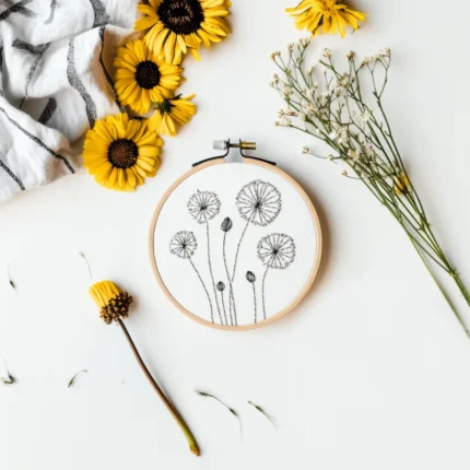 dandelion embroidery with seven flowers, displayed in a hoop with decorative blossoms beside it