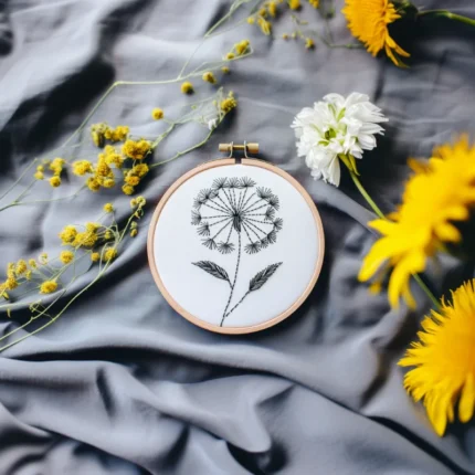 dandelion hand embroidery placed on a table, decorated with small daisies