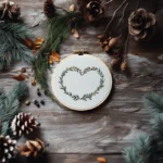 embroidery piece centered on the table, decorated with pine branches and pinecones