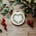 embroidery piece on the floor with green leaves and red berries as decoration