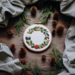 embroidery wreath displayed on a table with pinecones and green pine branches