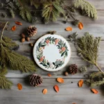 embroidery wreath displayed on a wooden board with pinecones and pine branches
