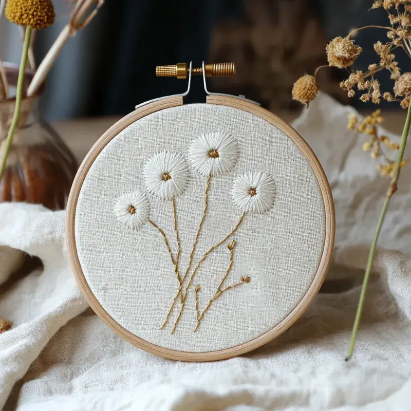 four dandelion flowers hand-embroidered on white fabric four dandelion flowers hand-embroidered on white fabric