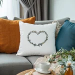 ginger, white, and blue cushions neatly arranged side by side on the sofa