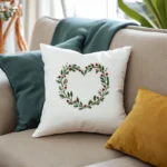 green, white, and ginger-colored cushions arranged on the sofa