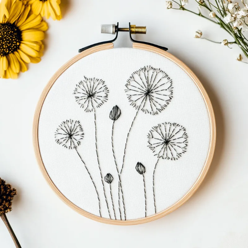 hand-embroidered dandelion design featuring four blooming flowers and three budding ones hand-embroidered dandelion design featuring four blooming flowers and three budding ones