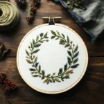 hand-embroidered floral wreath displayed on a table for viewing