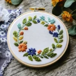 hand-embroidered floral wreath featuring colorful flowers in a harmonious design