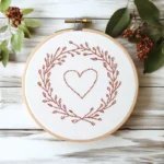 hand embroidery featuring a floral wreath with a heart design in the center