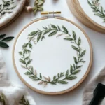 minimalist and elegant floral wreath hand embroidery displayed on the table