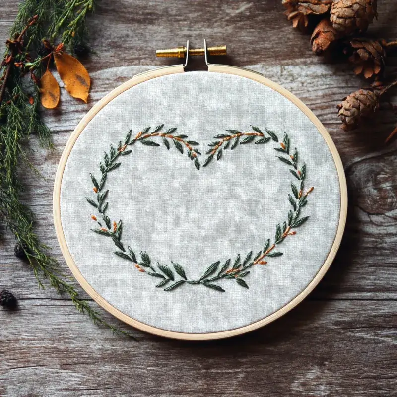 minimalist green heart-shaped wreath embroidery with an elegant look minimalist green heart-shaped wreath embroidery with an elegant look