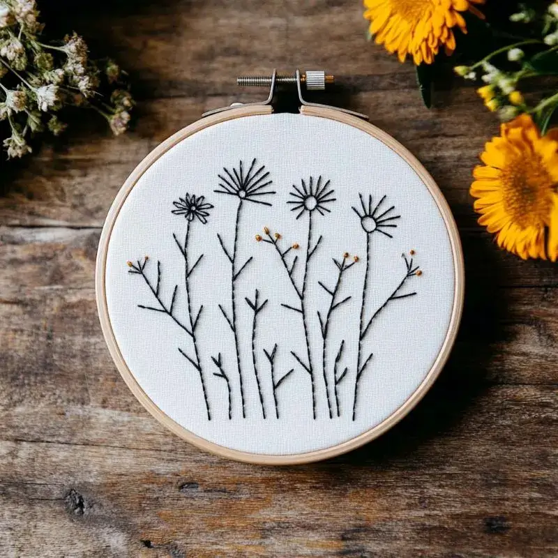 minimalist wildflower silhouette embroidery in black thread minimalist wildflower silhouette embroidery in black thread